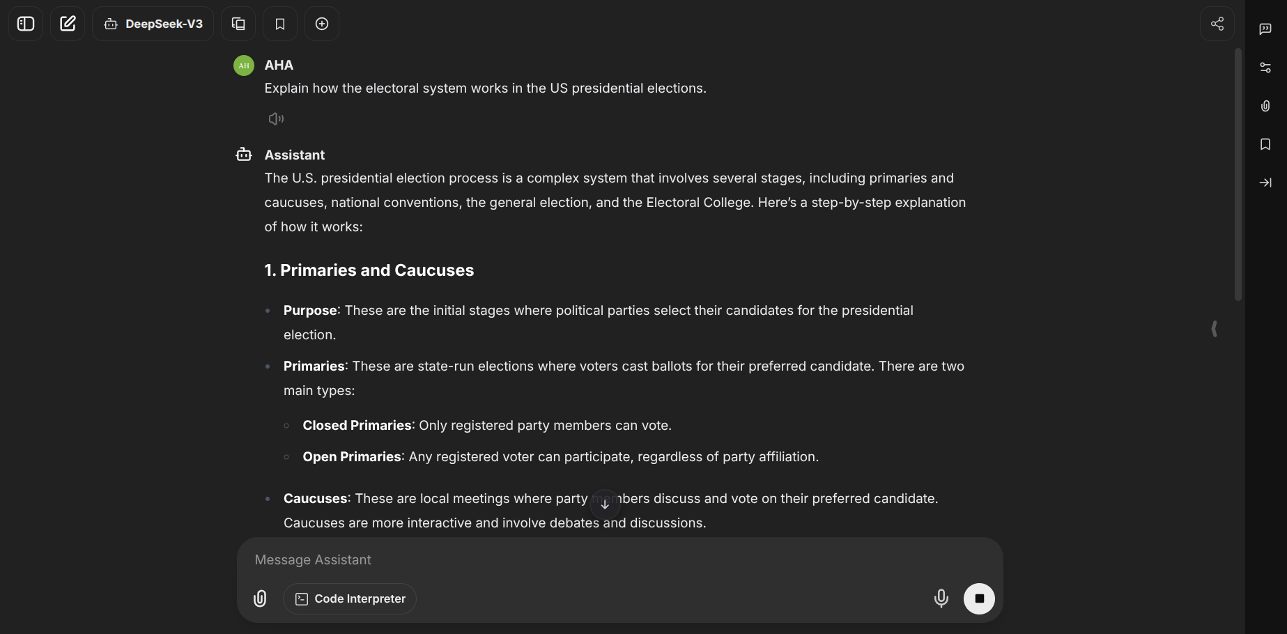 Deepseek V3 explaining electoral college system in the US