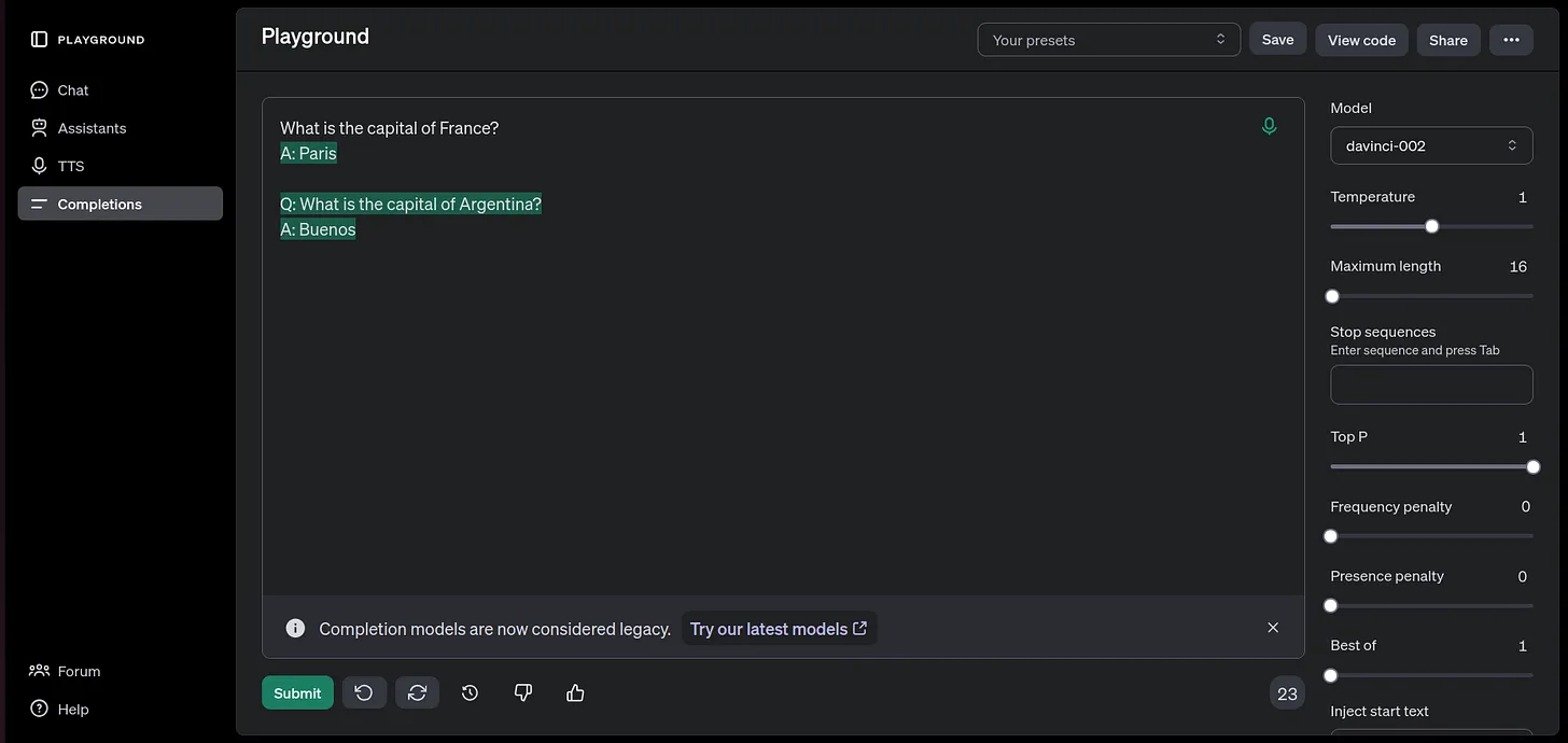 A base LLM autocompleting the text prompt