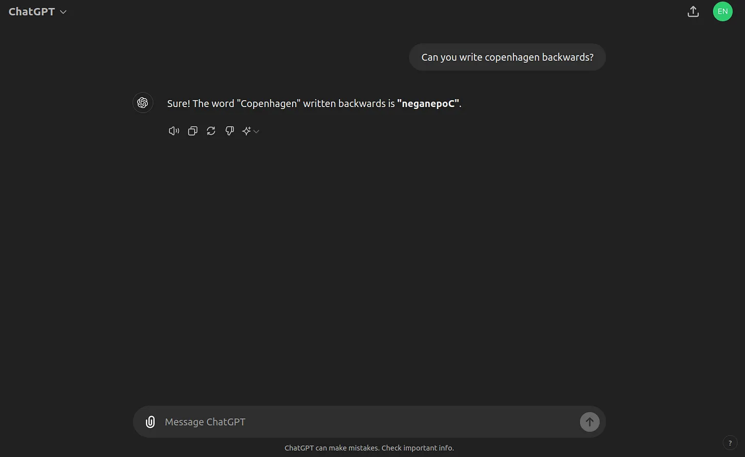 GPT-4o failing to write copenhagen in reverse.