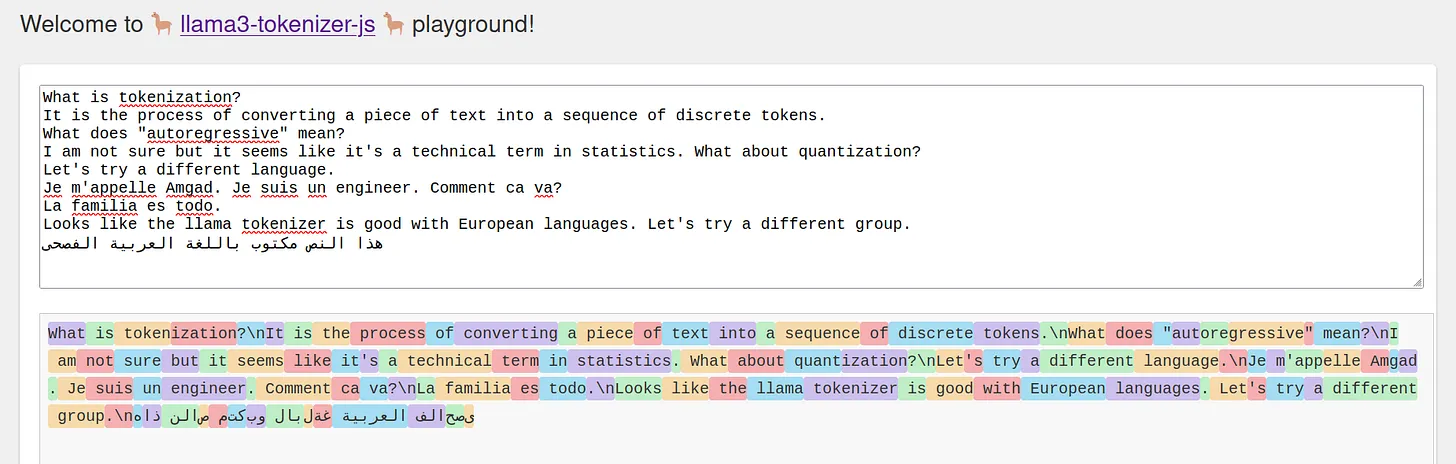 Playing with the Llama3 tokenizer. It’s good at tokenizing the European languages but inefficient at other languages such as Arabic.